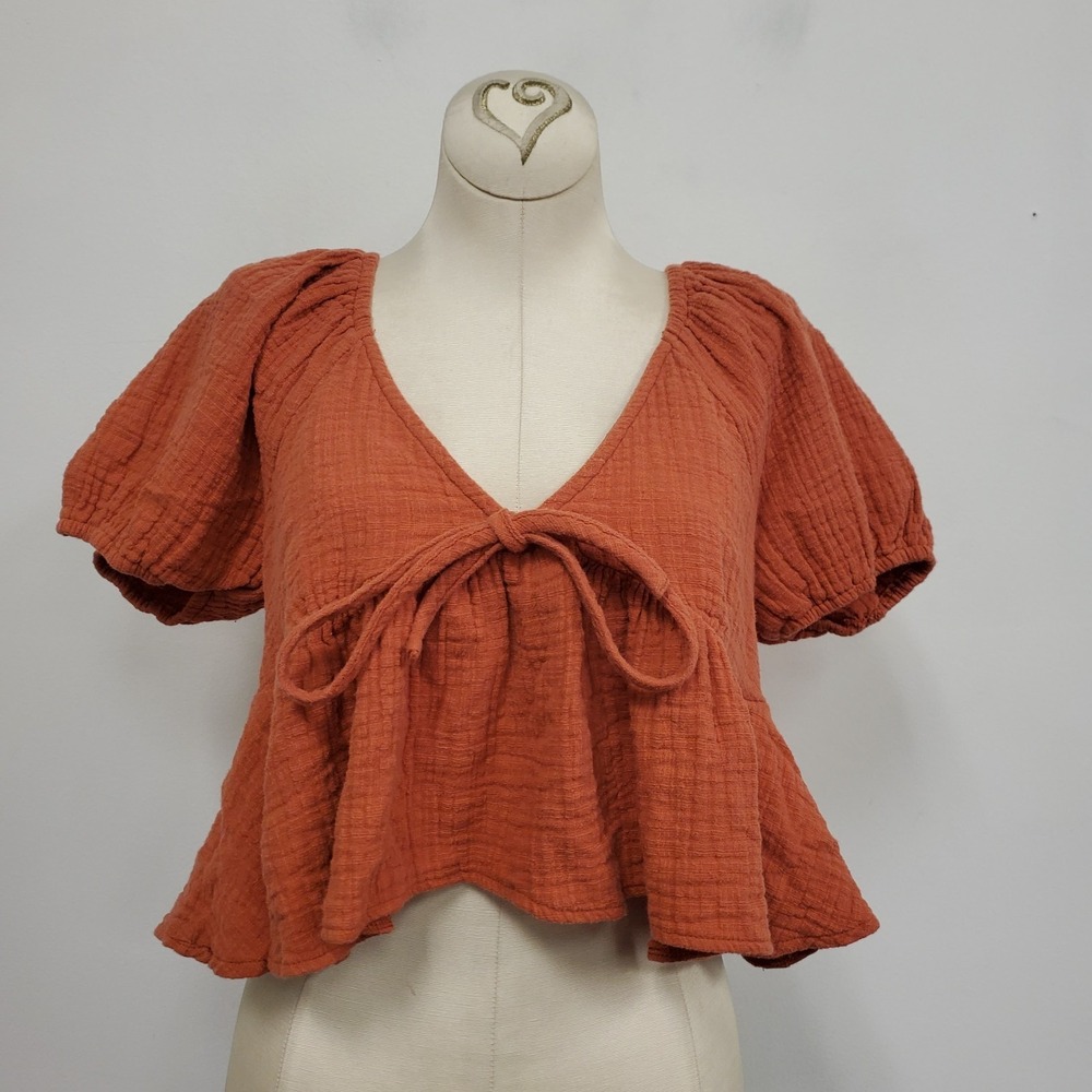 Gauzy‎ Babydoll Crop Top Size M Pumpkin Orange Bow Puff Sleeve Ruffle Tie Boho